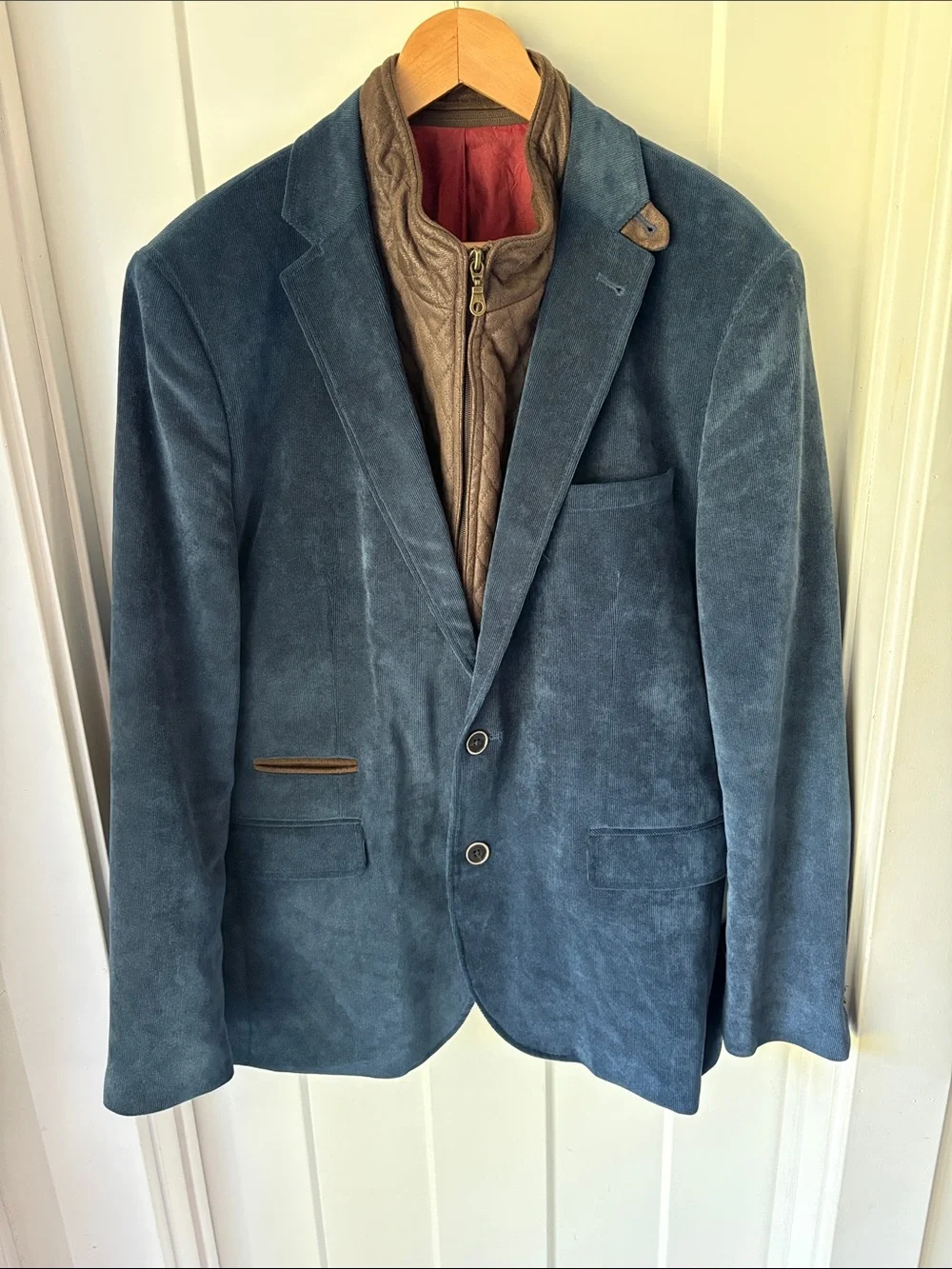 English Laundry Blue Suede Blazer with Brown Quilted Zip Vest